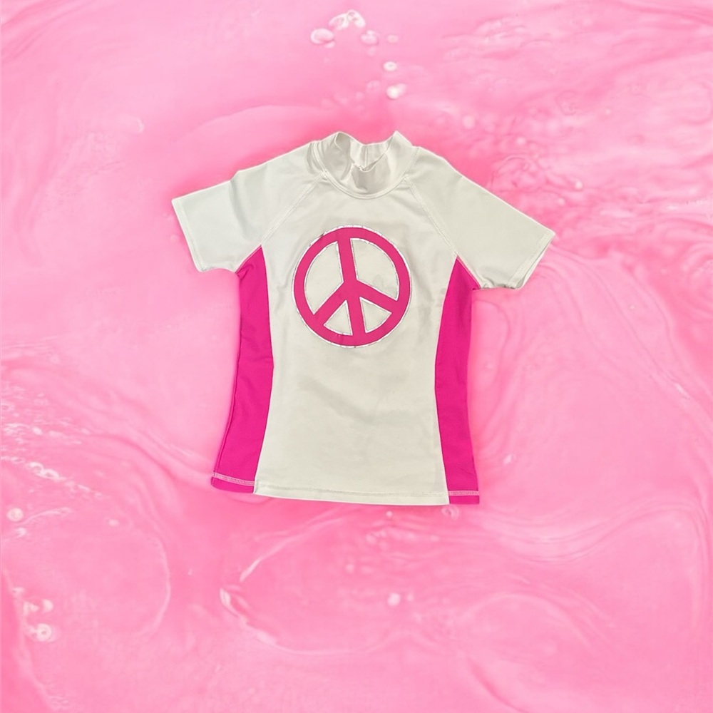 Children’s Place Pink and White Peace Sign Rashguard Swim Shirt in size M 7/8